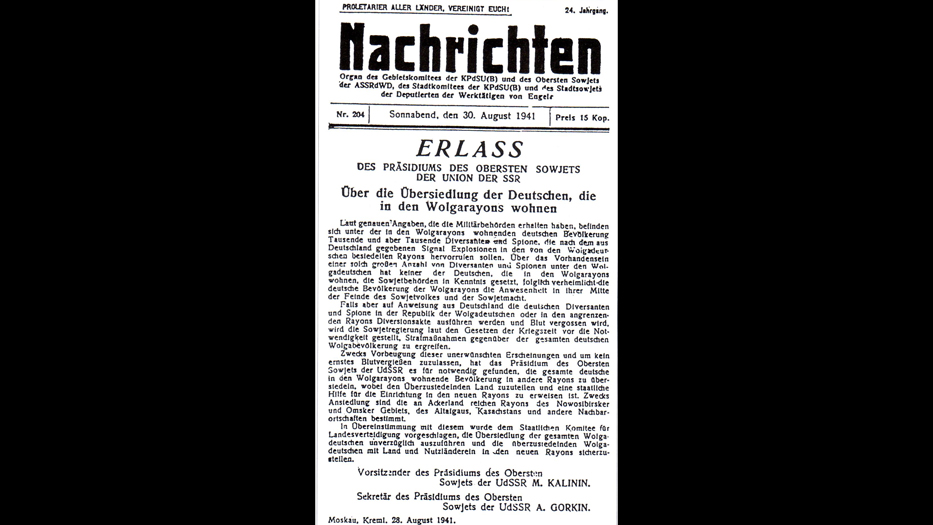 Erlass des Obersten Sowjets "Über die Umsiedlung der in den Rayons des Wolgagebiets lebenden Deutschen" vom 28. August 1941